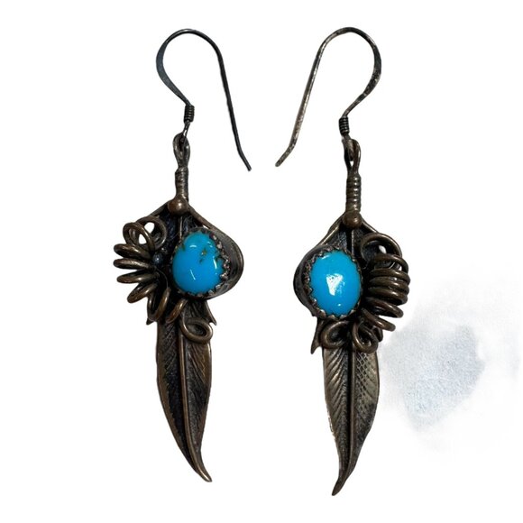 Vintage Native American Feather Earrings Southwest Turquoise In Sterling Silver - Picture 1 of 8